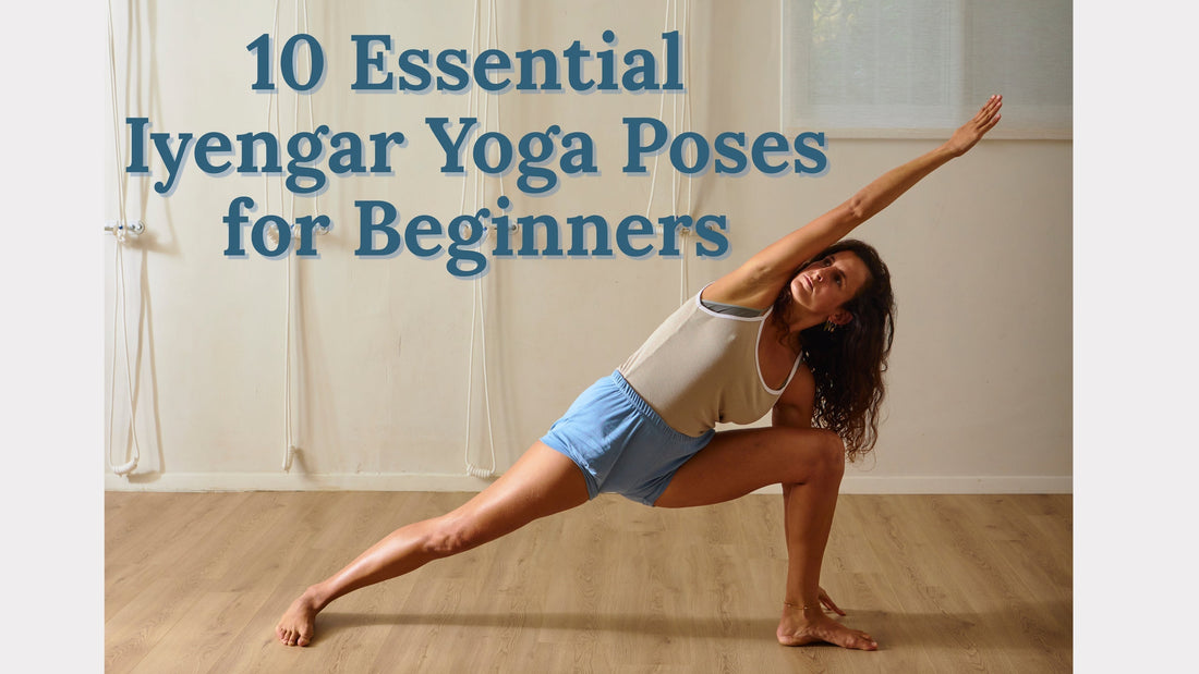 Iyengar yoga student wearing Light Blue organic cotton Pune yoga shorts in Warrior Pose